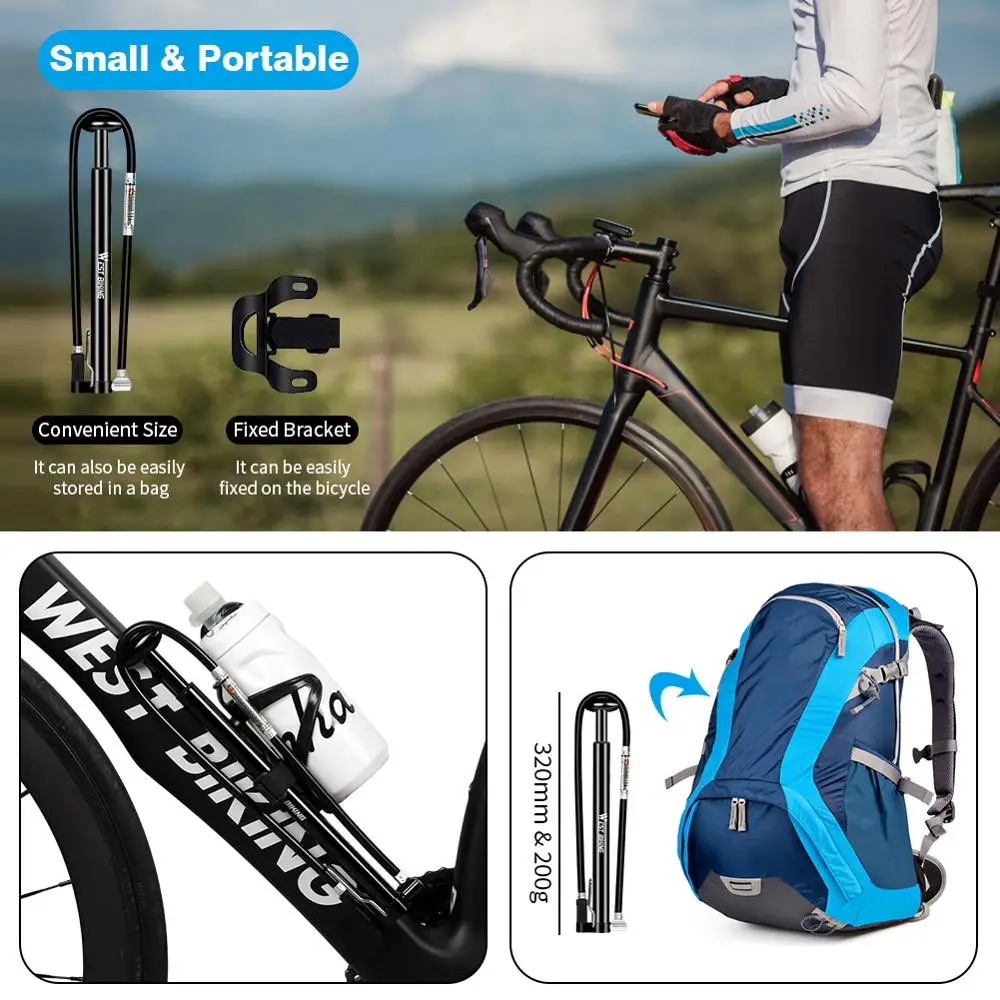 

WEST BIKING 160PSI Bicycle Pump With Long Hose Gauge Cycling Air Inflator Schrader Presta Valve MTB Road Bike Tire Alloy Pump
