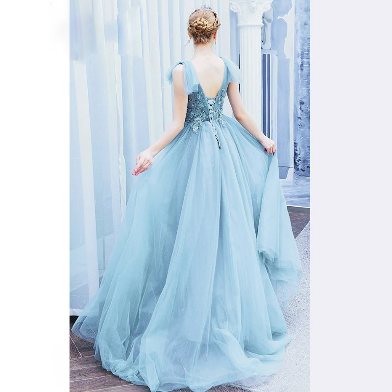 Женское вечернее платье принцессы AnXin SH синее кружевное с круглым вырезом