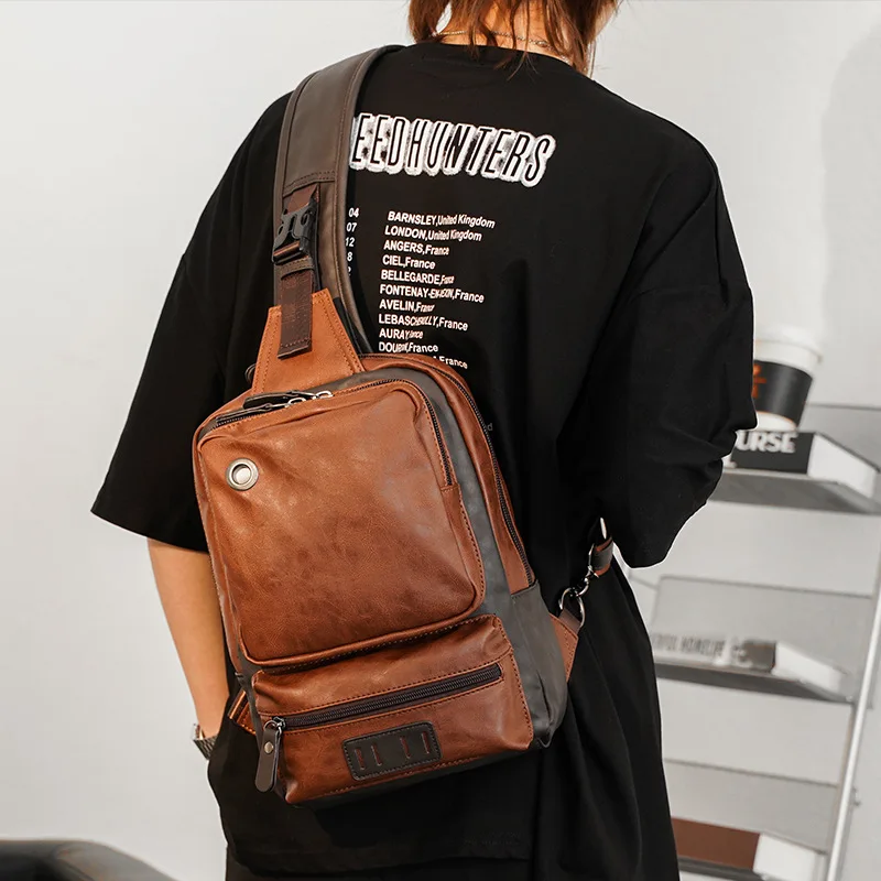

Men's One Shoulder Bags Pu Leather Multi-pockets Chest Sling Crossbody Bags 2021 Luxury Designer Shoulder Bag Husband