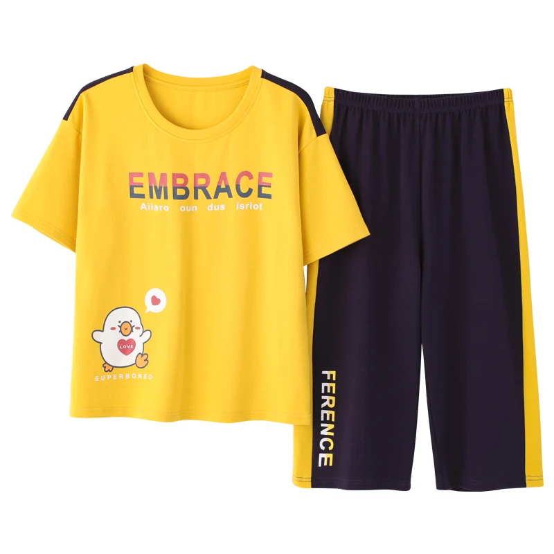 

Cute Yellow Cartoon Women T Shirt Nightwear Casual Homewear Summer Cotton Girls Pajamas Set O-Neck Short Sleeve Shorts Sleepwear