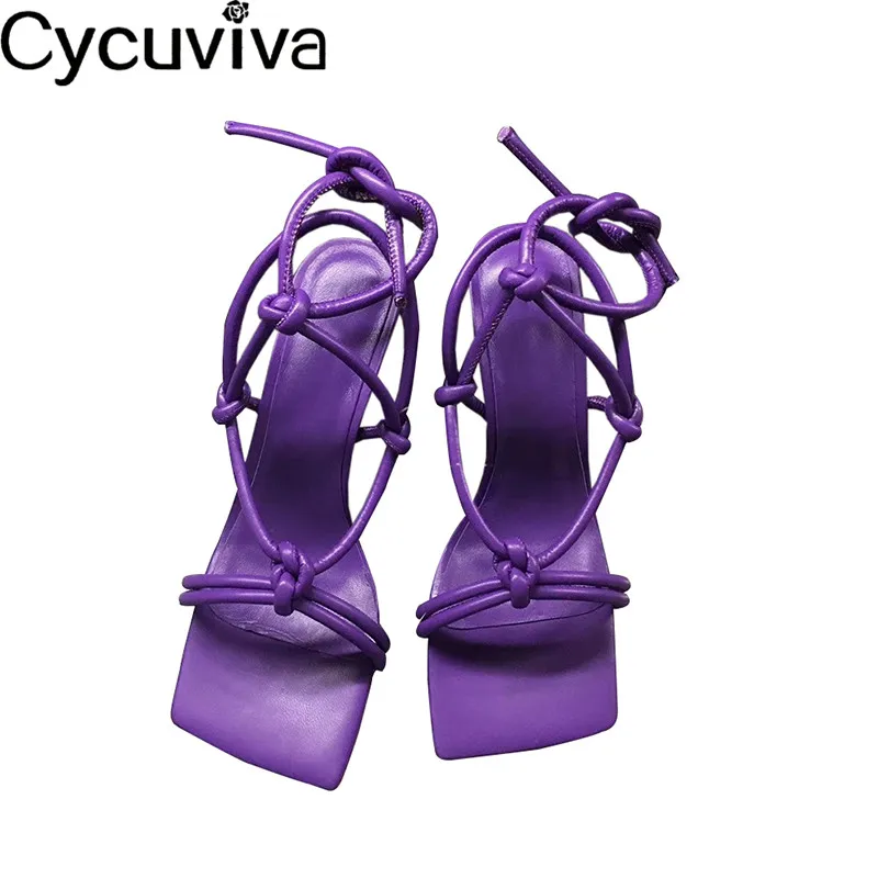 Сандалии женские кожаные на высоком каблуке босоножки с плетеным узлом