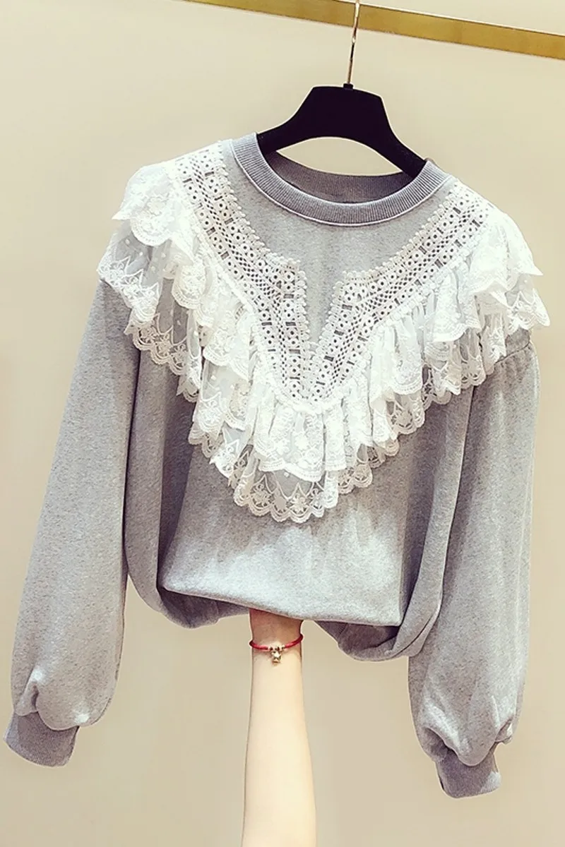 

2019 Autumn New Korean Lace Stitching Crew Neck Long Sleeve Turtleneck Hoodie Women's Casual Pull Jacket Student Streetwear Coat