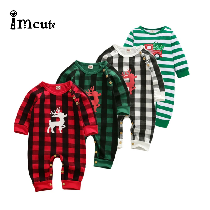 

2020 Newborn Infant Christmas Newborn Baby Boy Girl Romper Plaid Striped Print Long Sleeve Cotton Jumpsuit Clothes Outfit
