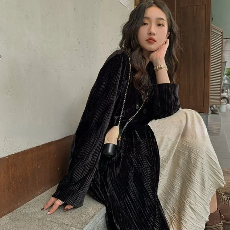 Женский тренчкот с бархатной подкладкой черный длинный в Корейском стиле