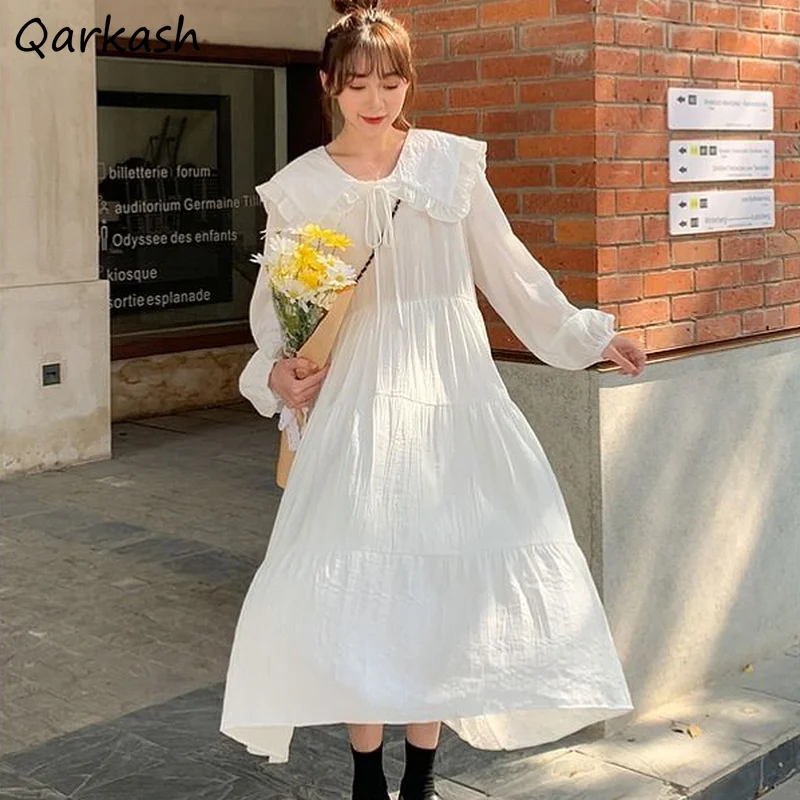 

Платье женское с длинным рукавом, милое свободное милое однотонное удобное дышащее удобное миди для студентов, модное платье в Корейском ст...