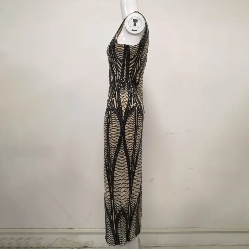 

HQBORY 2020 New Autumn Black Mesh Bodycon Bandage Dress Women Sexy Sleeveless Hollow Out Club Midi-Calf Evening Party Dress