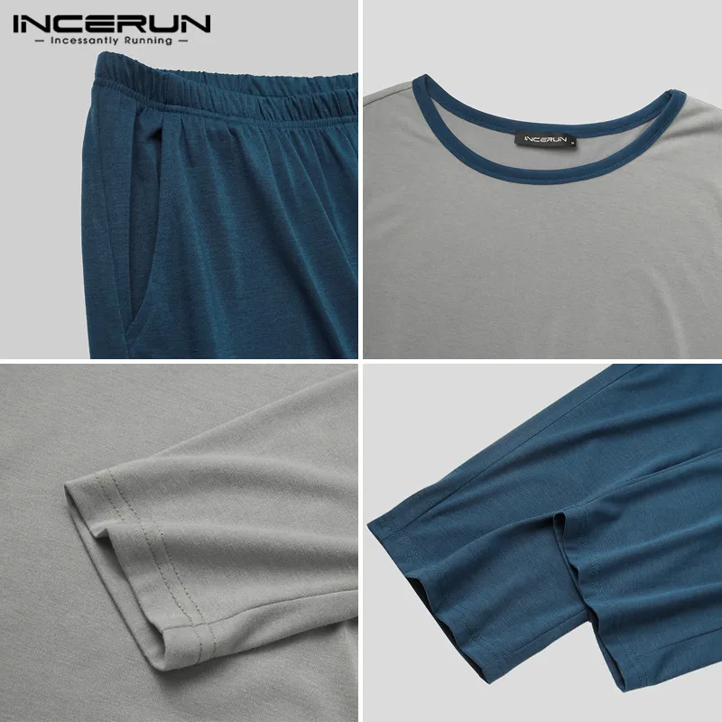 

Men Pajamas Sets O Neck Patchwork Long Sleeve Sleepwear Pants Comfortable Leisure Men Nightwear Suits Homewear 2 Pieces INCERUN