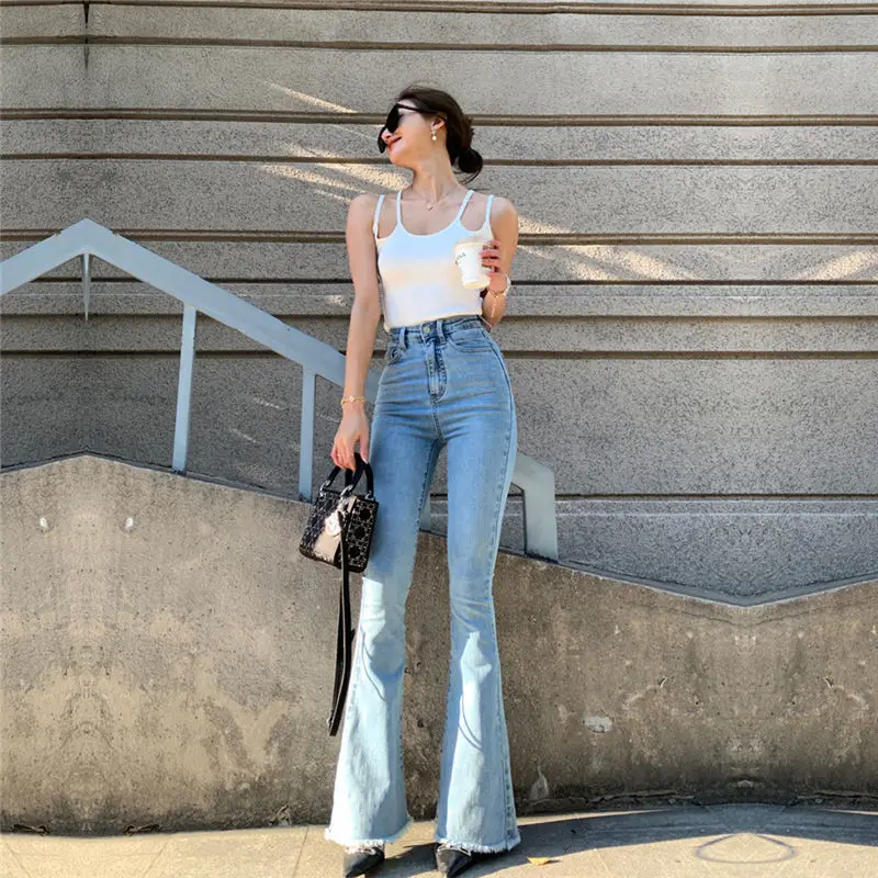 Women's Casual High Waist Slim Flare Jeans High Street Vintage Stretchable Boot Cut Denim Pants Lady Chic Skinny Denim Trousers