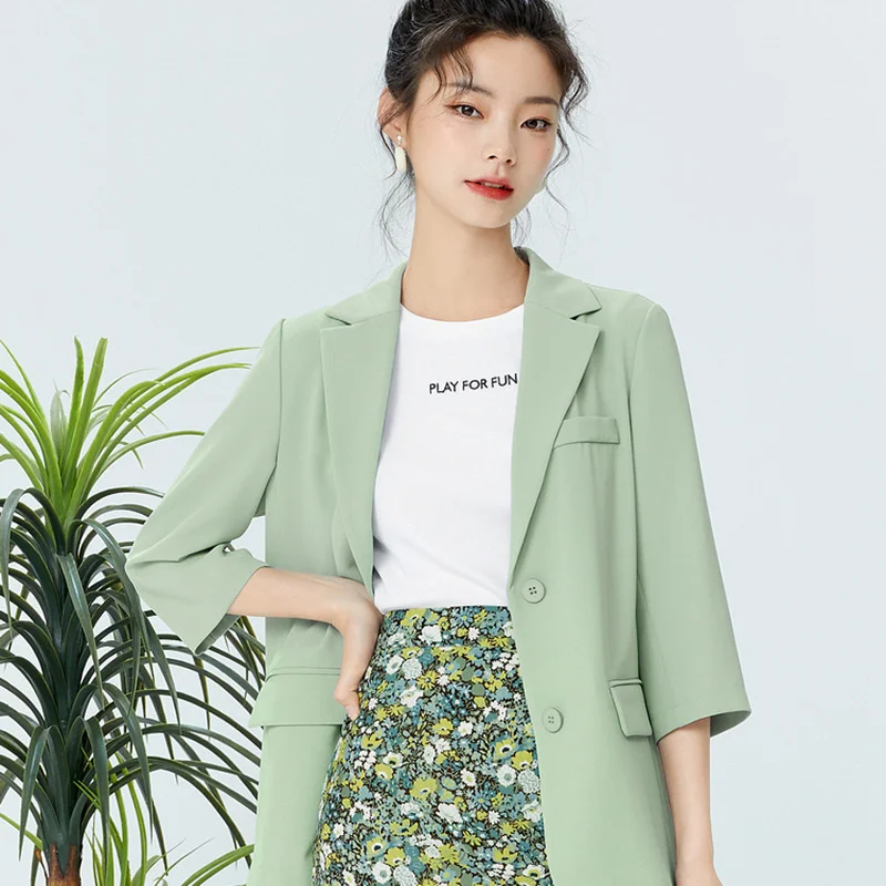 

GVUW 2021 Summer New Korean 7/3 Sleeve Loose Green Suit Jacket Women's Elegant Woman Plus Size Coats Jackets AI1220