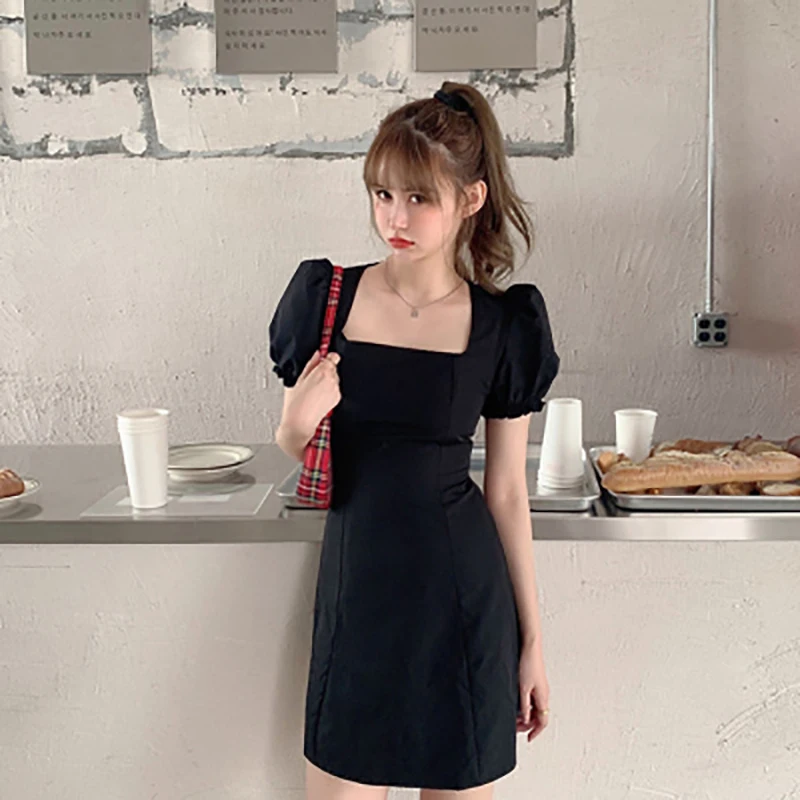 

Dress Square Neck Bubble Sleeves Summer 2020 New Black A-Line Collect Waist Short Sleeves Tall Waist Hubble-Bubble Sleeve