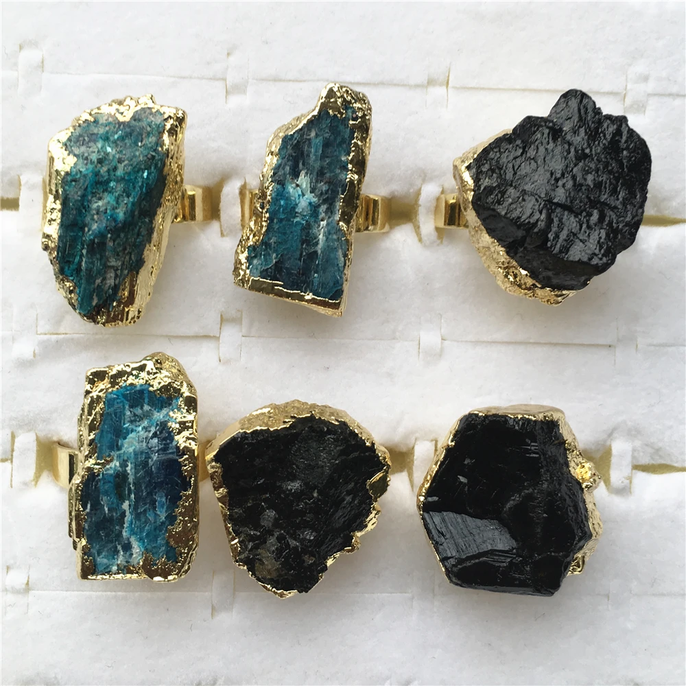 Anillo de turmalina negra Irregular para mujer, anillo ajustable de oro de piedra Natural, Gema e, cristal azul, joyería de moda