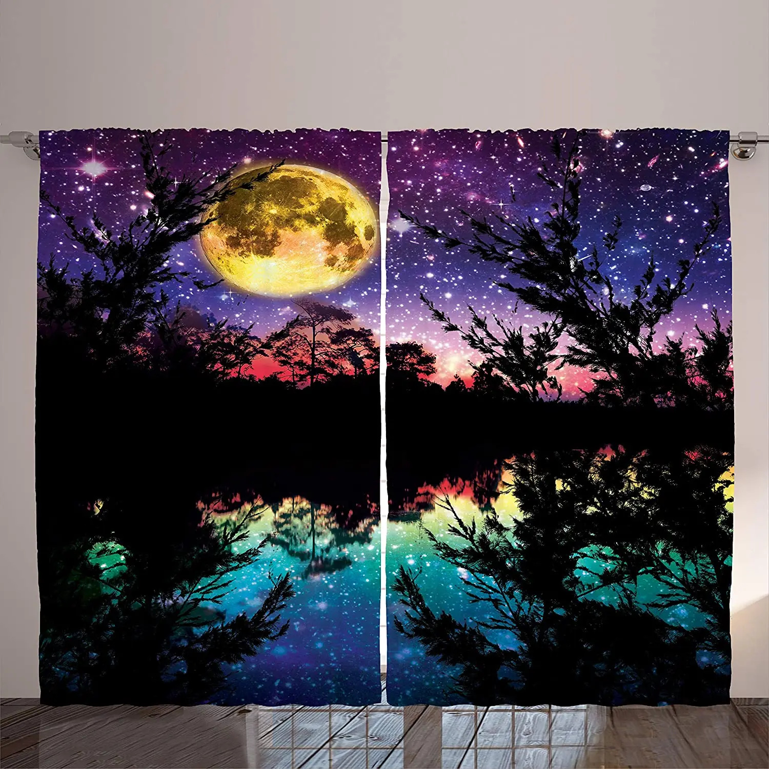 

Double Bedroom Blackout Curtains Night Sky Lake Moonlight Stars and Trees Design Living Room Elegant Decoration Room Windows