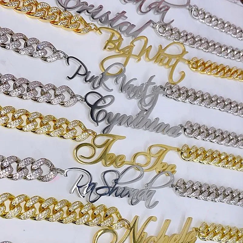 

AurolaCo Zircon Necklace Personalized Custom Name Necklace Cuban Chain Stainless Steel Letter Pendant Necklace Women Gifts