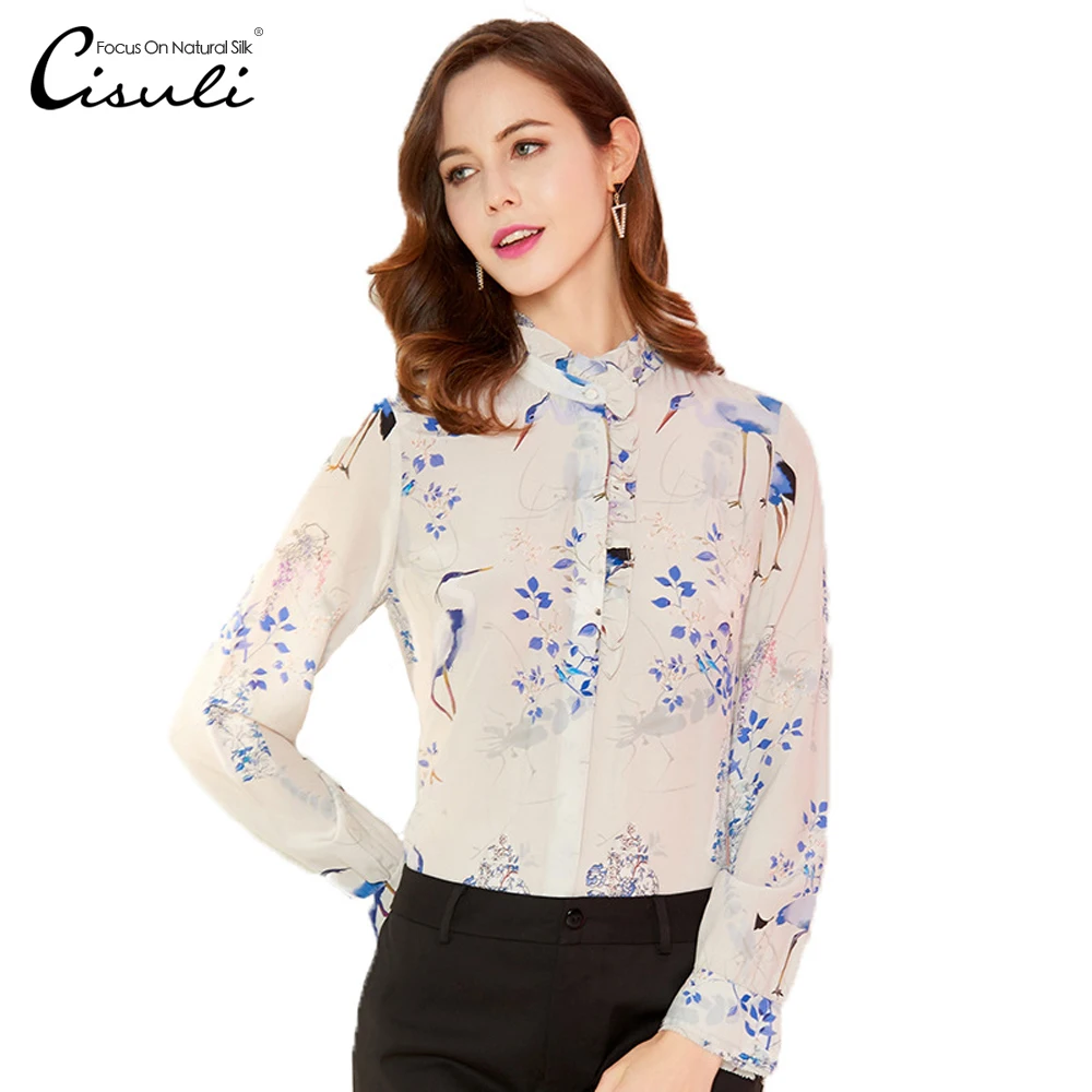 

CISULI 100% Silk Crepe Women Summer Shirt New Desigual 2019 Long Sleeve Tunic Boho Printed Silk Clothes for women