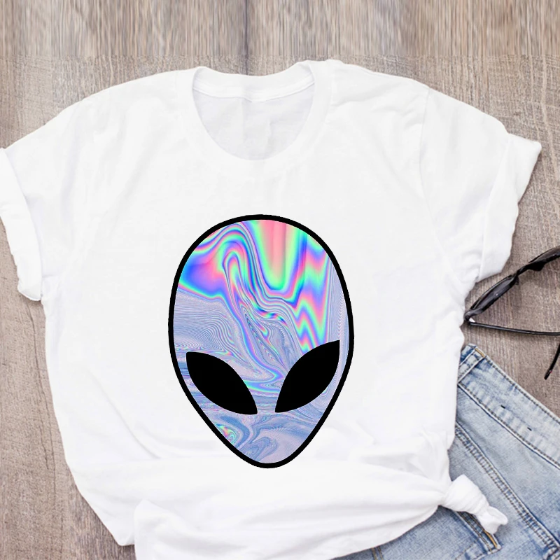 

Women Graphic Cartoon Alien Rainbow Color Ladies Summer Print T-Shirt Shirt Tops Lady Clothes Womens Clothing Tee Female T Shirt