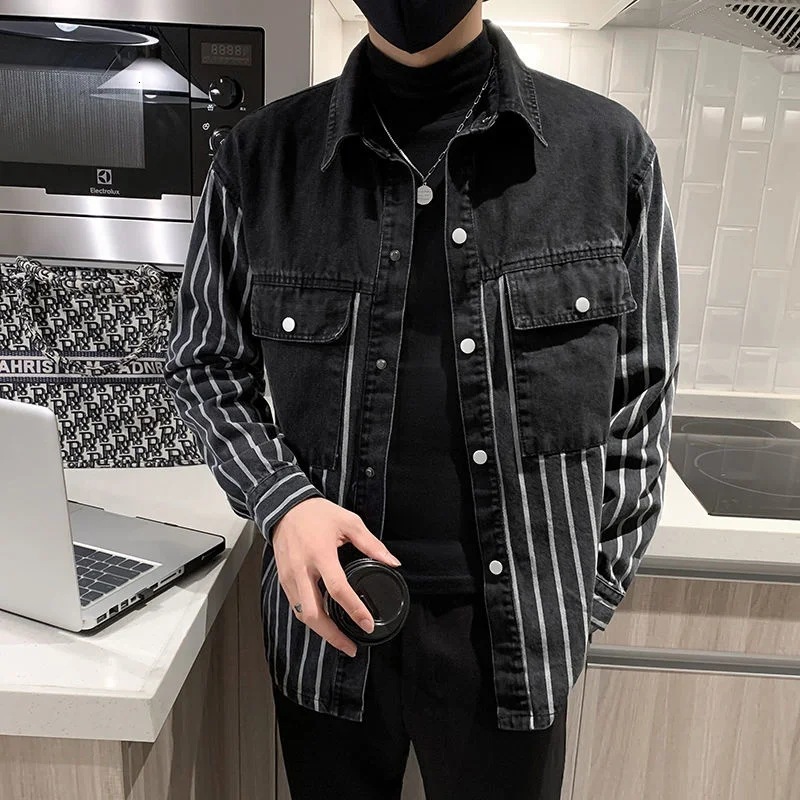 

Fall Denim Jacket Shirt Men Stripe Denim Coat Black Denim Jacket Men European Style Print Denim Jacket Men Casual Lapel Jacket