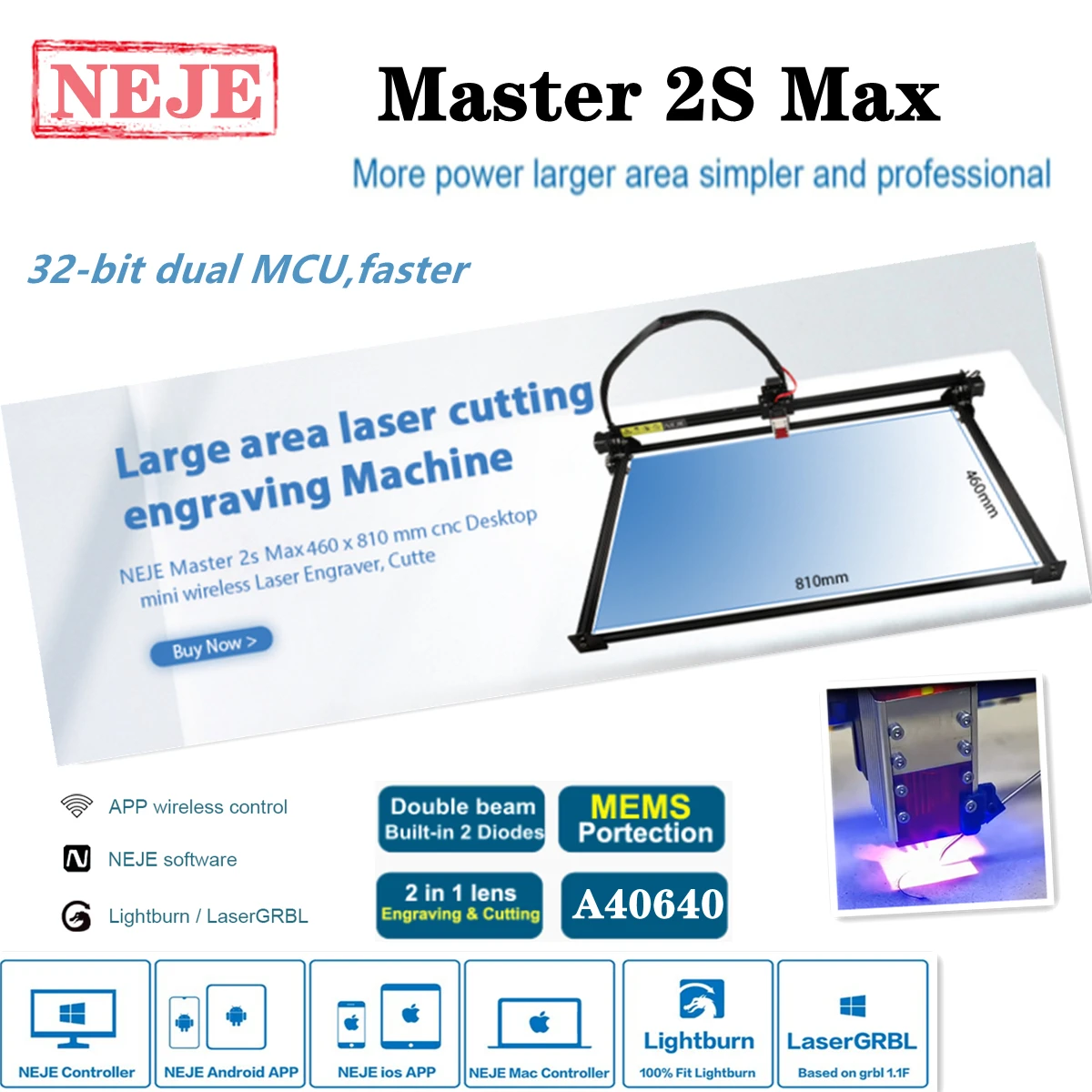 

NEJE Master 2S Max A40640/N40630 фреза, искусственное дерево, инструмент Lightburn Bluetooth-App