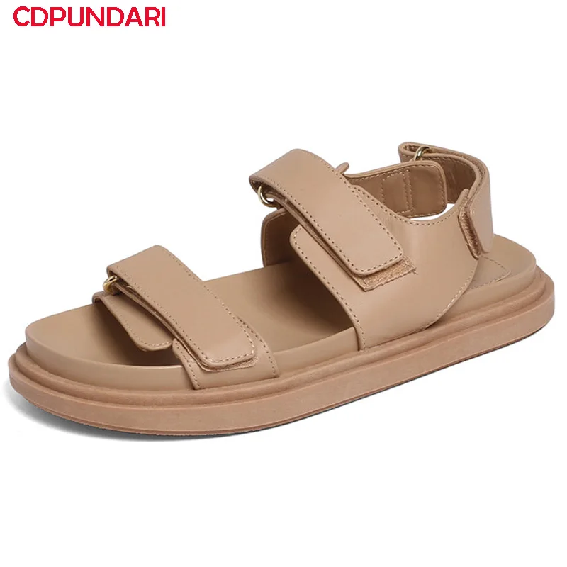 

Fashion Hook & Loop Genuine Leather Flat Platform Sandals Women Summer Casual Shoes Sandales Femmes 2021 Sandalias Mujer