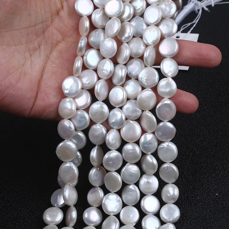 

Natural white 12-13mm coin shape loose freshwater pearl beads strand