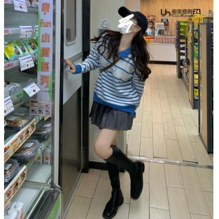 Женский пуловер в полоску Синий Свободный Повседневный Корейском стиле с