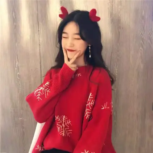 

2021 Women Christmas Sweater tops Autumn Winter Long Sleeve Kniteed Casual Pullover Oversized Hoodie Loose Snowflake Sweatshirts