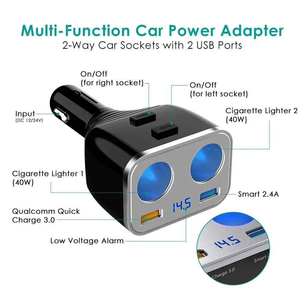 USB Quick Charge 3 0 Автомобильное зарядное устройство 80 Вт 2 гнезда прикуривателя