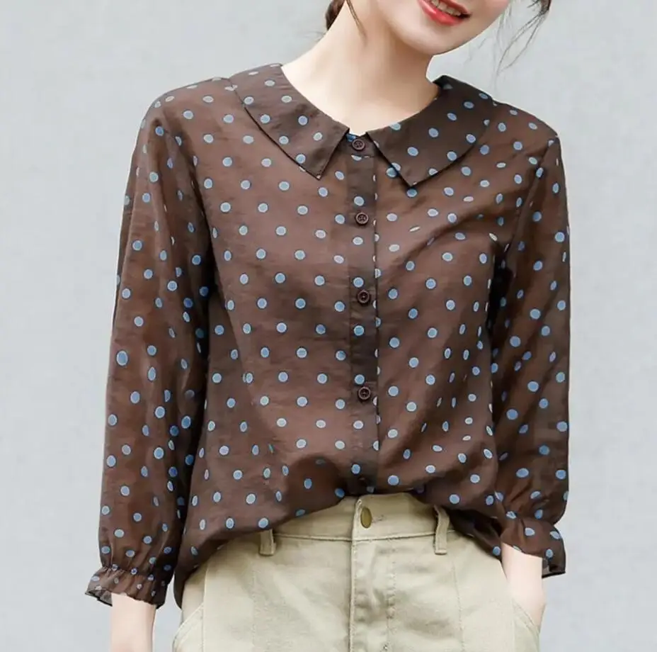 

2021 Spring Autumn New Korea Fashion Women 3/4 Sleeve Polka Dot Print Loose Shirts Sweet Cute Peter Pan Collar Blouses Tops