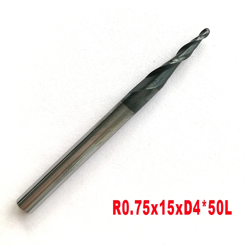 

1PC HRC55 R0.75*D4*15*50L*2F Tungsten Solid Carbide Coated Tapered Ball Nose End Mills Taper and Cone Endmills