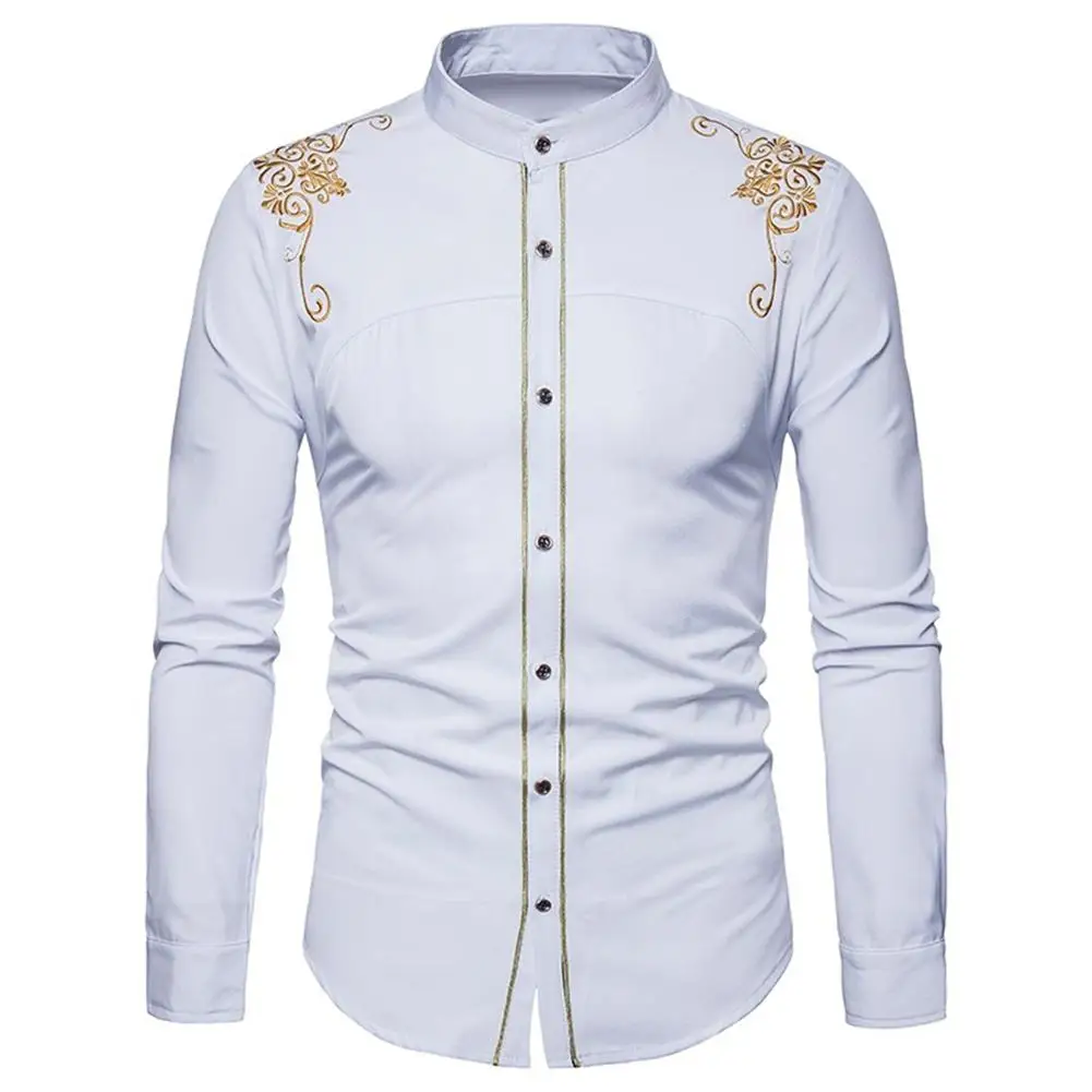 

Men Fashion Embroidery Flower Button Stand Collar Long Sleeve Shirt Blouse Top