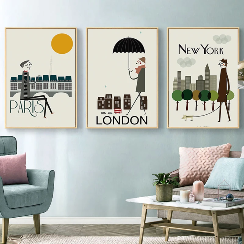 

Париж, Лондон, Нью-Йорк, холст, живопись, мультфильм, модные Плакаты для девочек и принты, настенные художественные картинки для декора гости...
