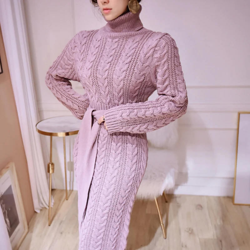 

Dress Women 2020 Autumn Temperament Bursting Elegant Lace Waist Twist High Collar Knit Bottoming Sweater Dress Dropshipping