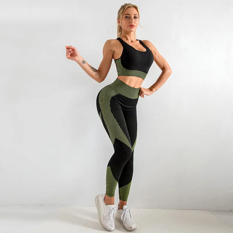

Ins Striped Yoga Bra Set New Solid Color Vest Elastic Seamless LeggingsTwo Piece Suit for Women