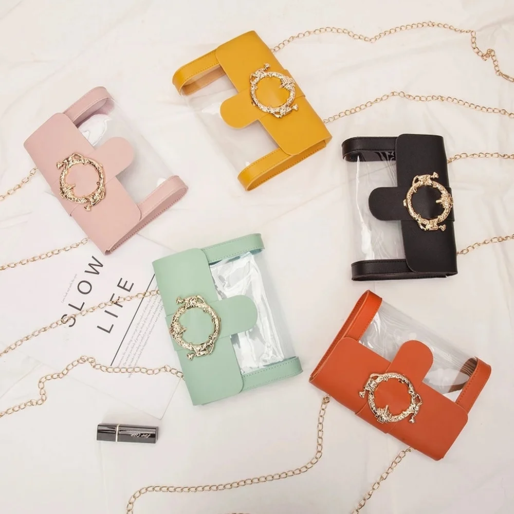 

Flap Pocket Transparent Clear PVC Jelly Shoulder Bag Summer Women Girl Purse Handbag Long Chain Mini Crossbody Messenger Bags