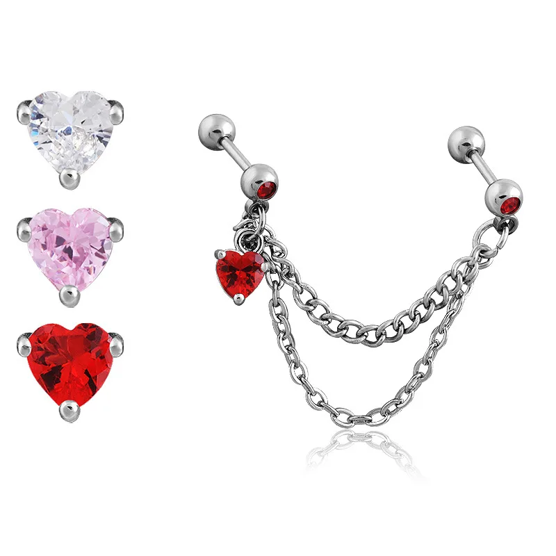 

Hot Sale 1PC Titanium Steel Round Love Heart Zircon Ear Studs Non-allergic Chain Tassel Earring Body Piercing Fashion Jewelry