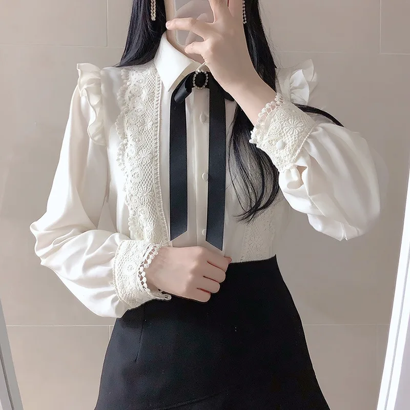 

Korean Chic White Blouse Women Elegant Long Sleeve Bow Tie Lace Blouses Plus Size Tops Ruffles Shirts blusas mujer