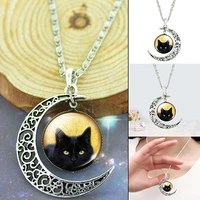 womens hollow crescent black cat glass pendant link chain necklace jewelry hip hop gothic retro choker charms gift for friends