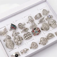 24pcsset fashion rhinestone silver color metal ring for women with a display box mix styles party gift jewelry wholesale