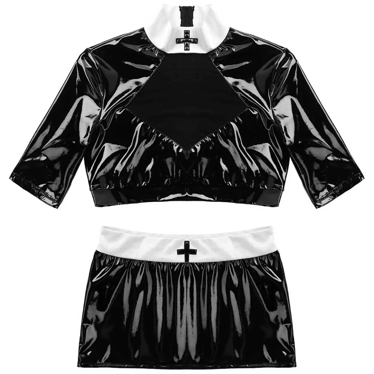 Женский костюм для косплея монашки кожаный кроп-топ Wetlook + мини-юбка головной убор