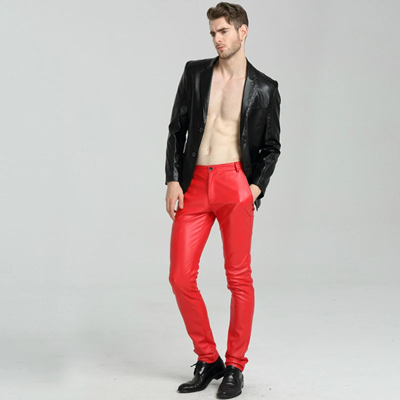 Мужские синие мотоциклетные брюки из искусственной кожи узкие для мальчиков