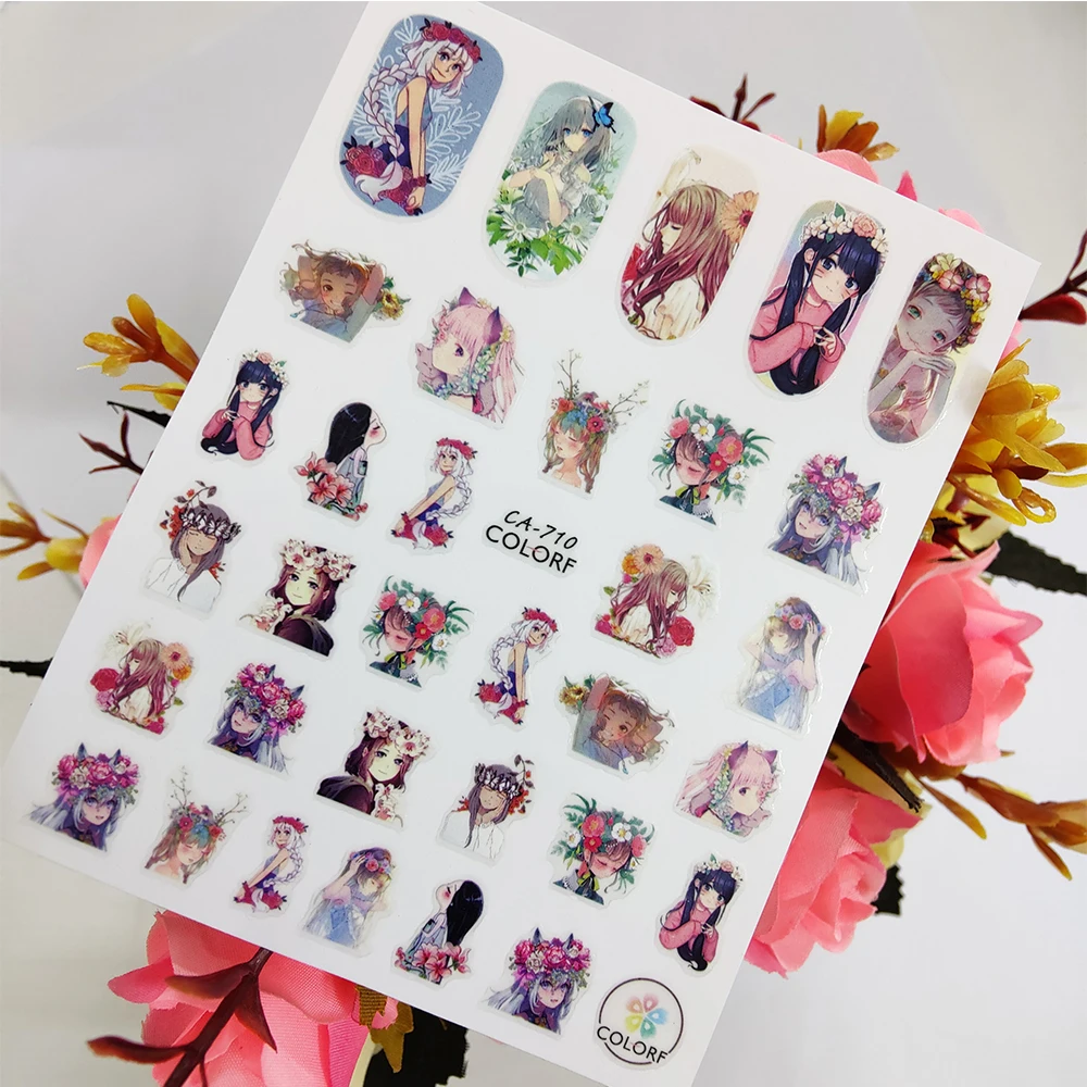 

Beautiful Anime Girl Flowers 3D Stickers for nails Design Self adhesive Nail Art Decoraciones Sliders Foil Manicure Accessories