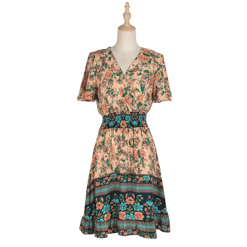 

2021 Spring New Bohemia Floral Dress Women Casual V Neck High Waist Short Sleeve Print Dress For Women Fashion Summer Dress