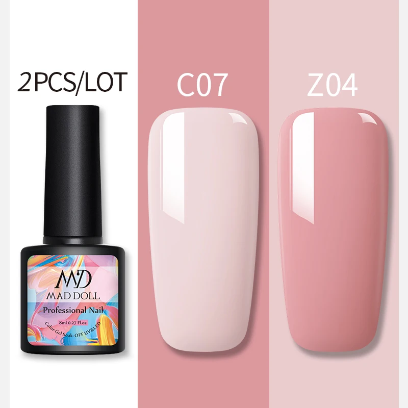 C07Z04 2 бутылки 8 мл MAD DOLL УФ-гель для ногтей чистый цвет и Блестящие Блестки долговечный впитывающий Гель-лак для нейл-арта - Цвет: C07Z04