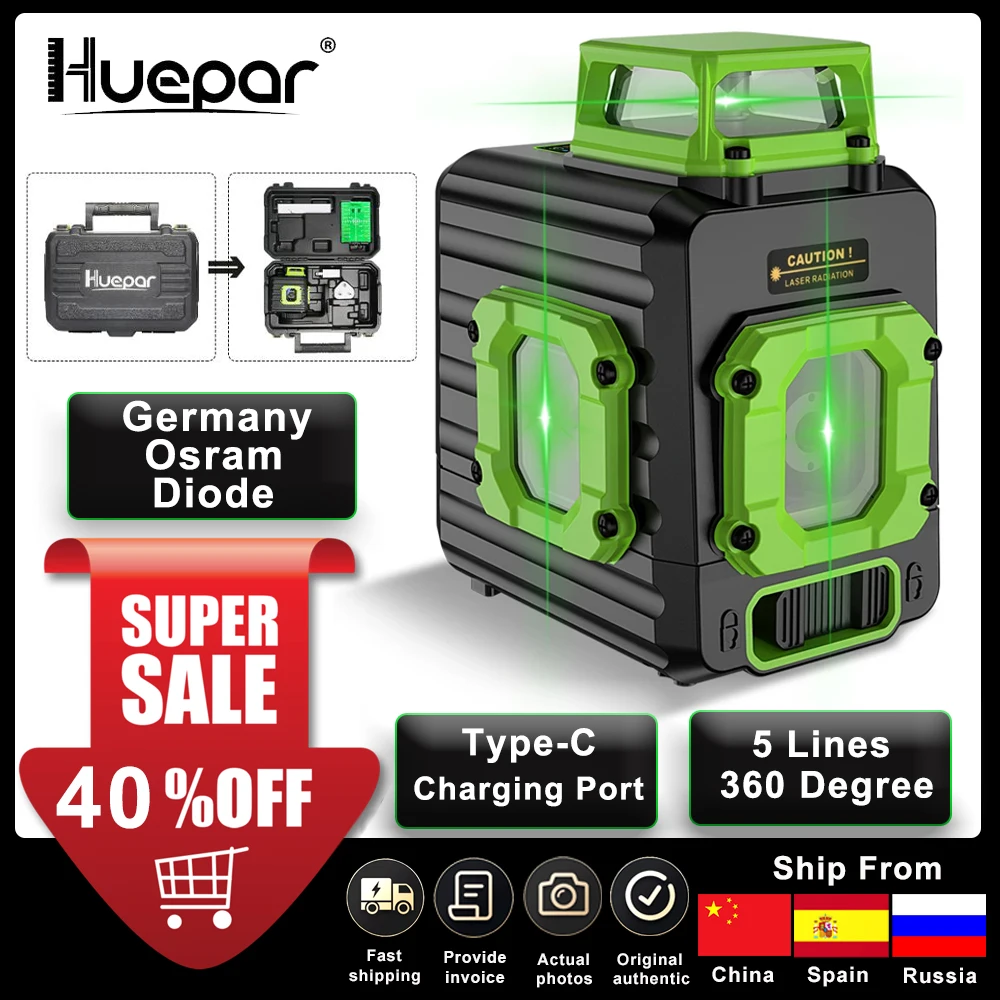 

Huepar Cross Line Laser Level Green 360° Horizontal & Two Vertical Lines Self-Leveling Li-ion Battery Type-C Charging Port & Har