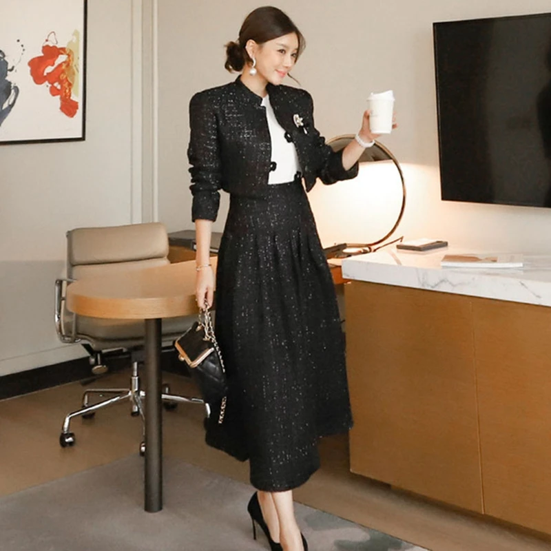 

2021ladies two-piece long skirt,tweed jacket + black skirt,ladies jacquard cardigan,ladies office OL clothes casual winter skirt