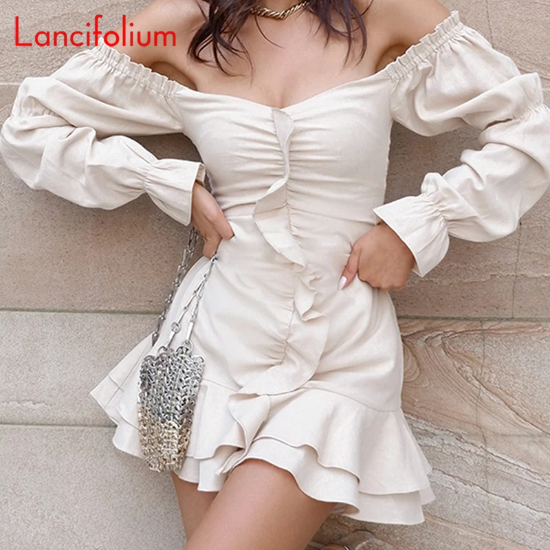 

Осеннее женское белое платье-футляр с воротником-лодочкой с длинными рукавами-фонариками и рюшами, вечернее облегающее мини-платье в стиле ...