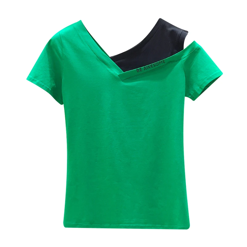 

Hit Color Short Sleeve T-shirt 2020 New Soft Pure Cotton Cut Out Shoulder T-shirts Girls Tee Ladies Sexy Top Basic Shirts Korean