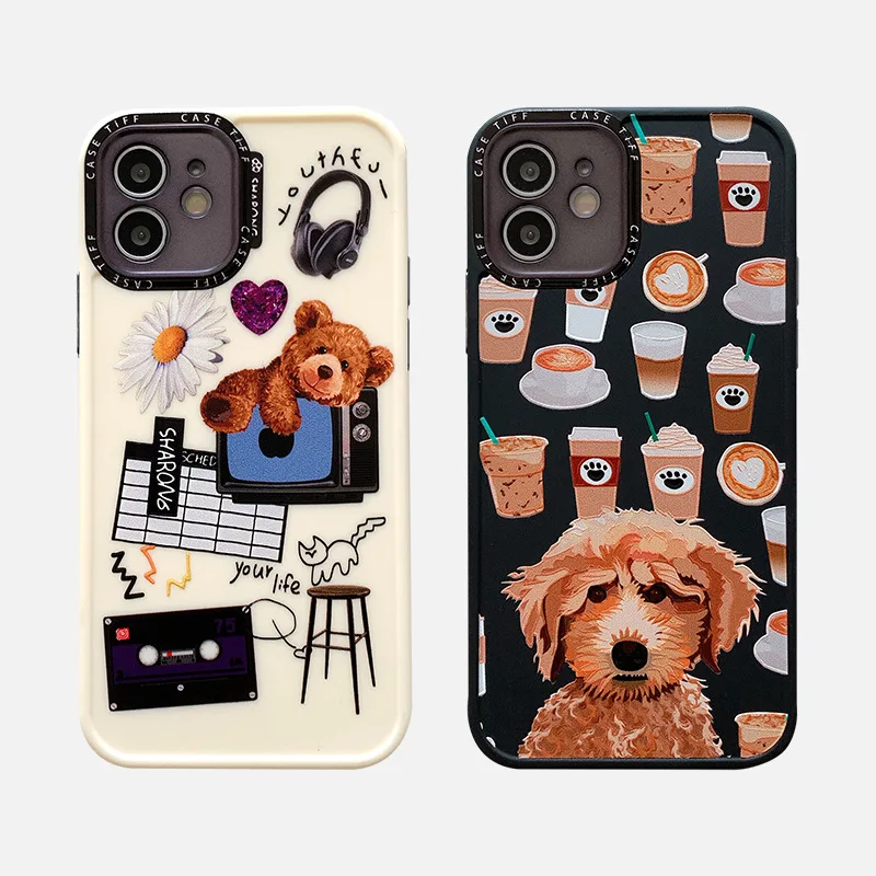 

Cute Plush Bear Dog Flower Phone Case for Iphone 11 Pro Max 12 Pro Mini XR XS 8 X 7 Plus Shockproof Soft Silicone TPU Case Coque