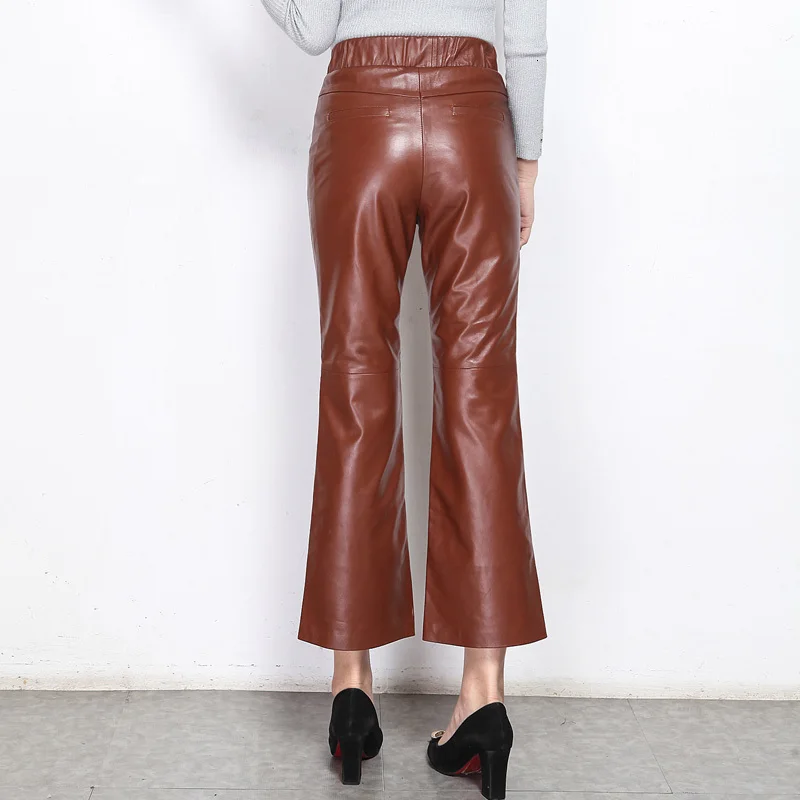 

Pantalons 2020 New Womens Streetwear Long Pants Calcas Slim Trousers Genuine Leather Sheepskin Solid Female Fashion Flare Pants