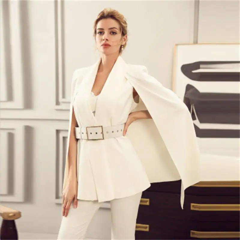 

Fashion pants suit female New high-end white Leisure Business cloak suit + bell pants Two-piece set female OL Formal wear women