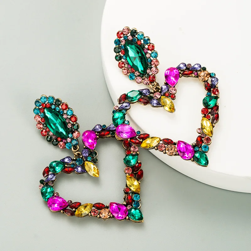 

KMVEXO Fashion Boho Colorful Heart Crystal Earrings For Women 2021 New Rhinestone Statement Heart Stars Drop Earrings Bijoux
